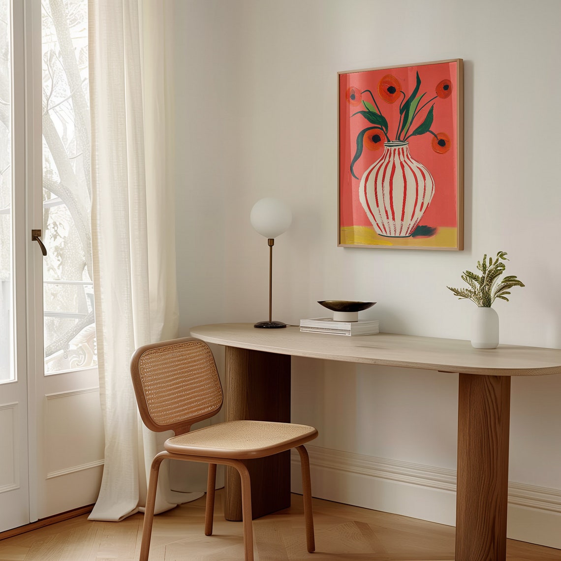 Red Poppy Vase Striped Botanical Coral Background Modern Poster - Image 4