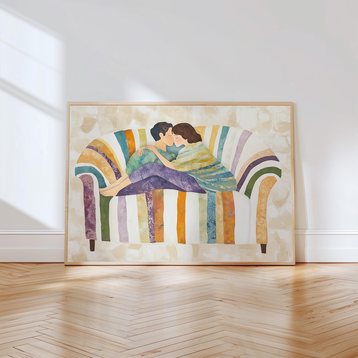 Embracing Couple on Rainbow Striped Couch Watercolor Love Poster - Image 2