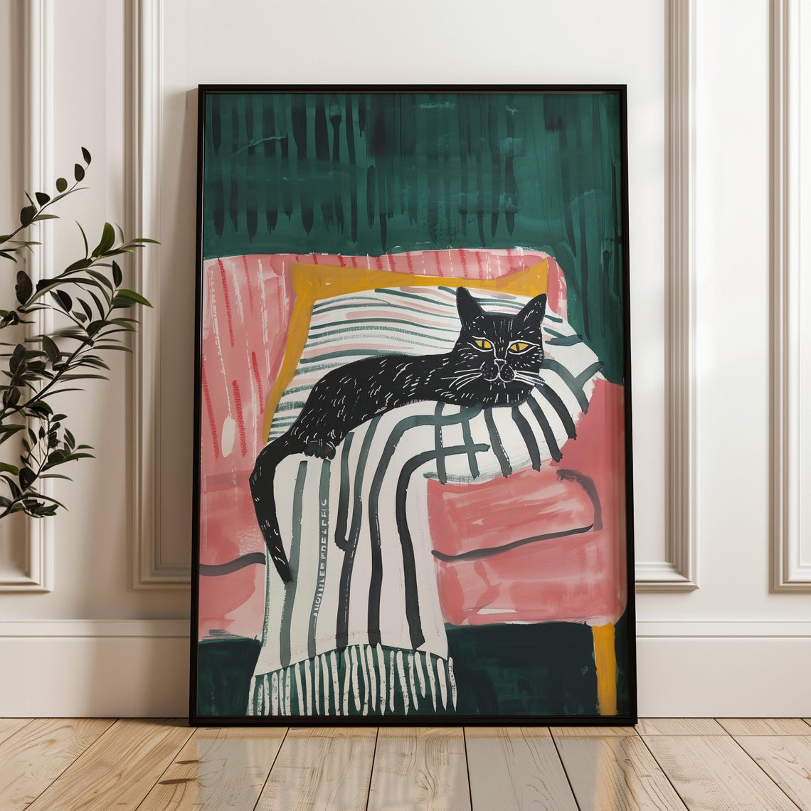 Black Cat On Pink Chair Striped Blanket Emerald Modern Pet Art Poster