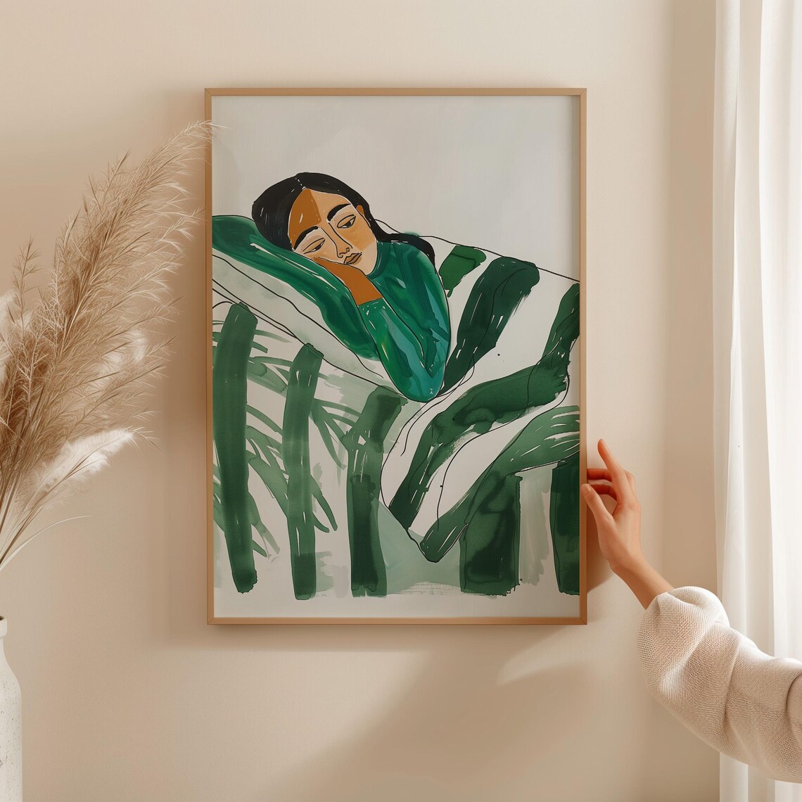 Woman Resting in Green Blanket Cozy Watercolor Portrait Poster