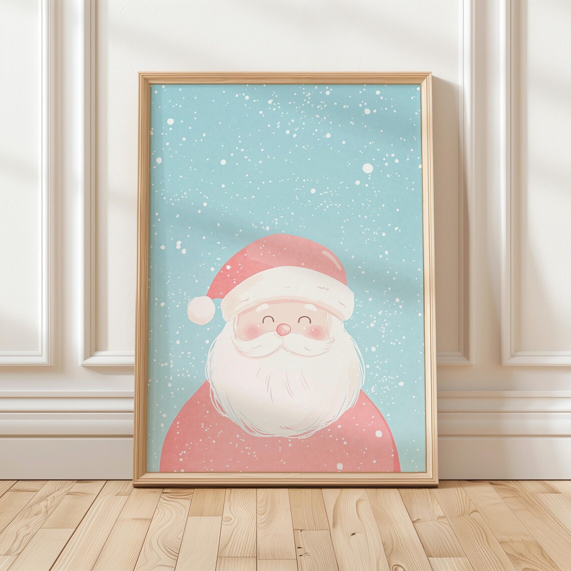 Cute Pastel Santa Claus Smiling in a Snowy Winter Wonderland Poster
