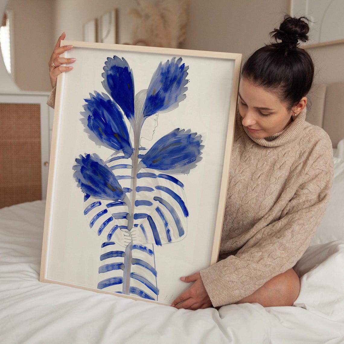 Woman Holding Giant Blue Flowers Striped Dress Naive Art Poster - Image 3