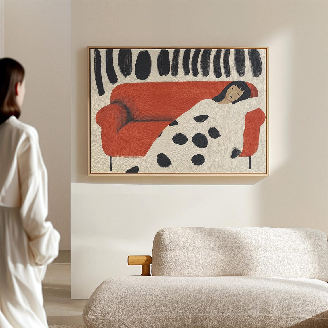 Woman Sleeping on Bold Red Couch Under Dotted Blanket Poster