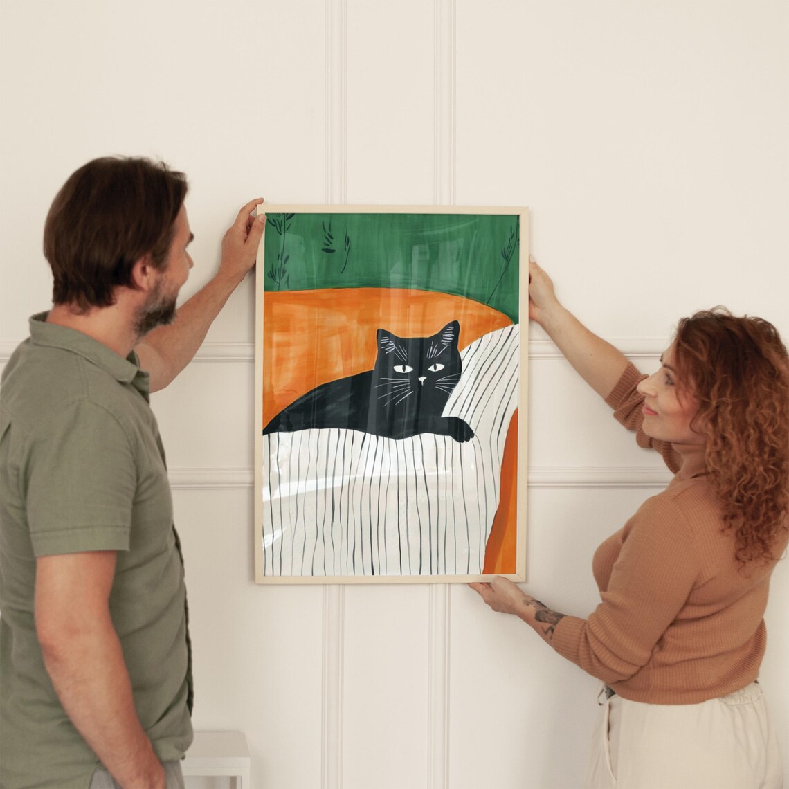 Black Cat Lounging Striped Sofa Bold Orange Green Modern Pet Art Poster - Image 2
