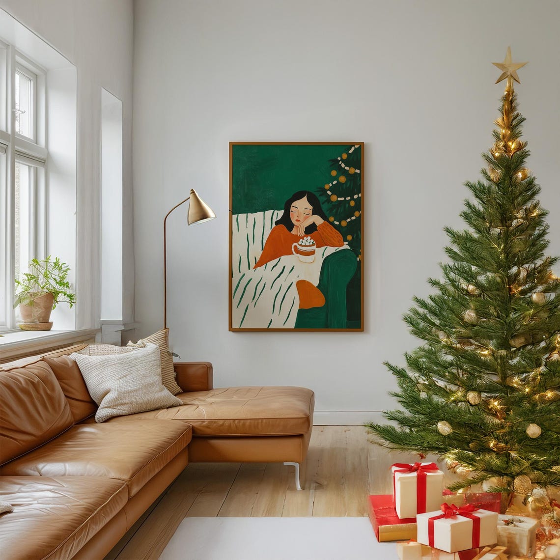 Woman in an Orange Sweater With Hot Cocoa by the Christmas Tree Poster - Image 2