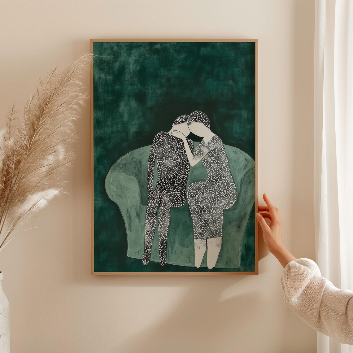 Intimate Embrace of Two Dotted Figures on a Green Sofa Poster