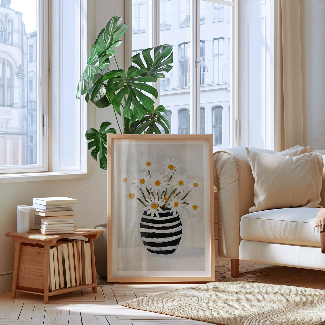 White Daisies Striped Vase Minimalist Neutral Floral Still Life Poster - Image 2