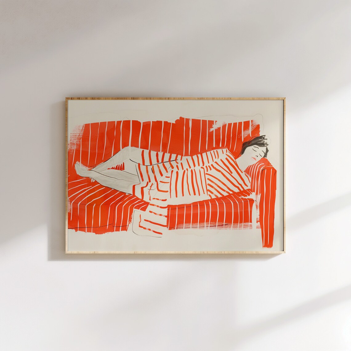 Woman Reclining Red Striped Sofa Bold Fashion Illustration Art Poster