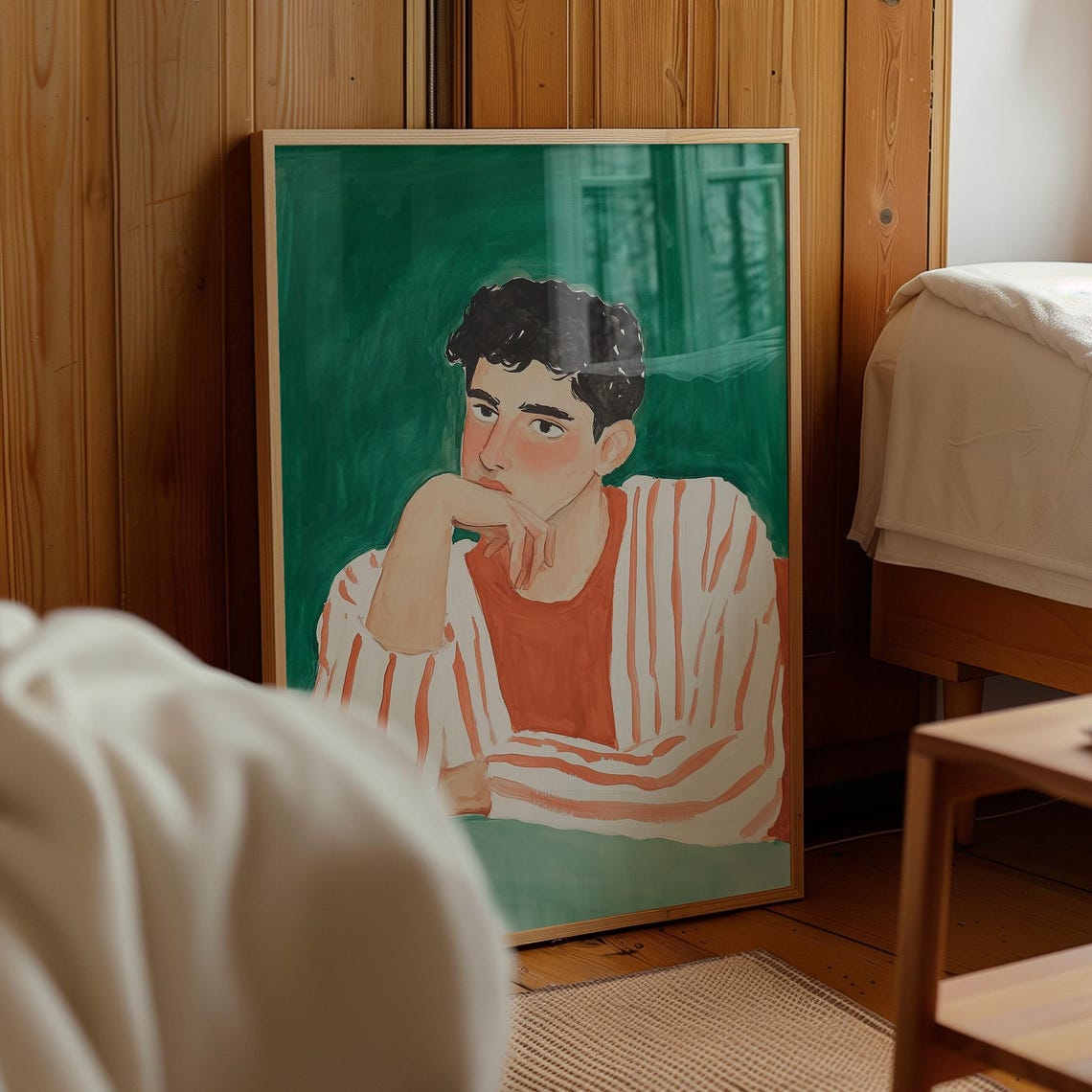Young Man Resting Chin Striped Shirt Emerald Green Portrait Wall Art - Image 3