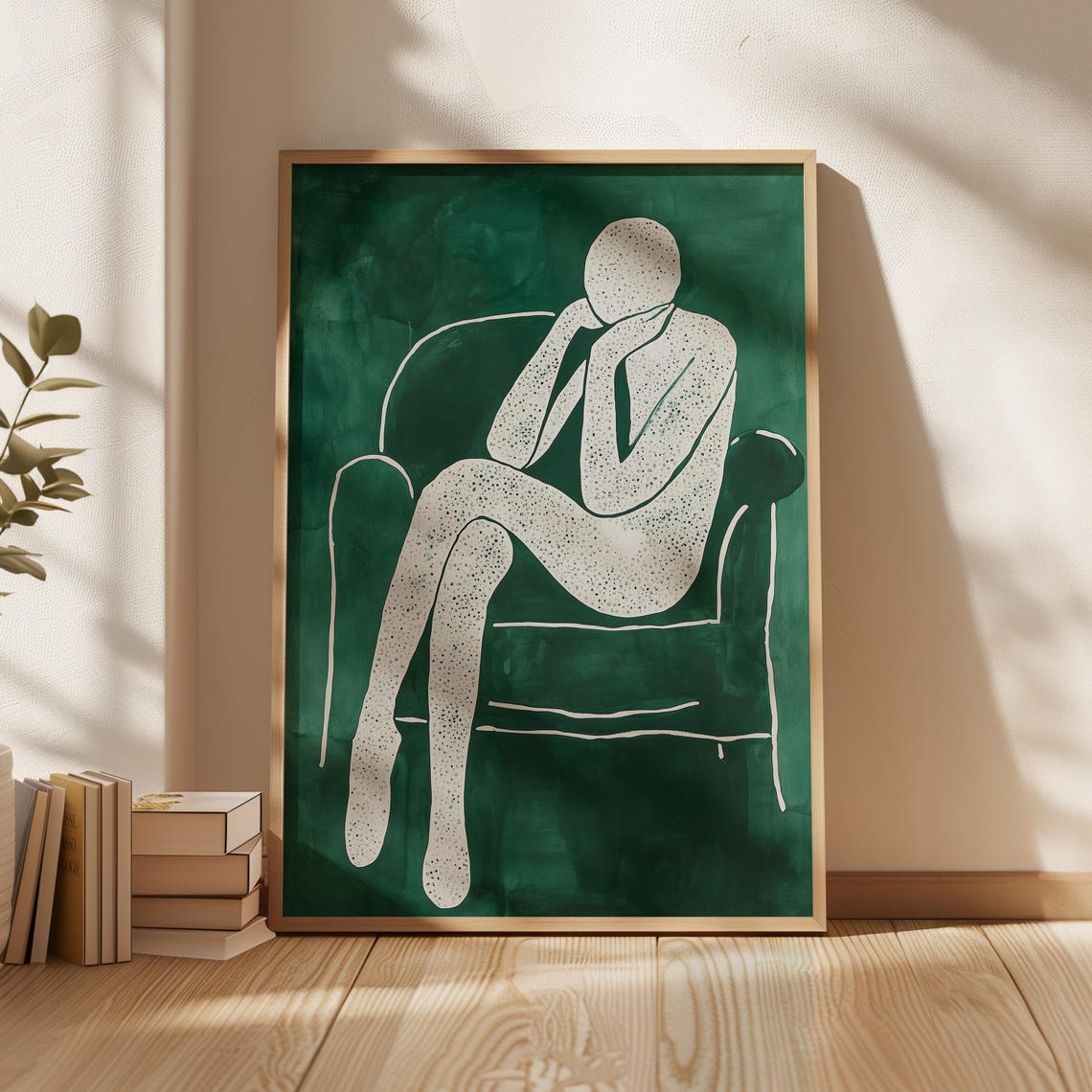 Minimalist White Contemplative Figure Resting on Deep Green Poster