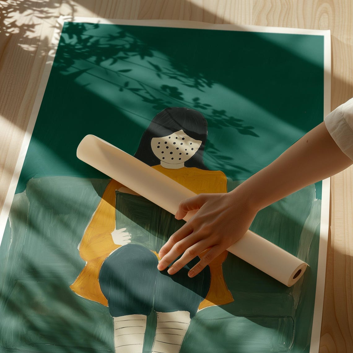 Faceless Reader in a Mustard Sweater Holding a Book on Green Poster - Image 4