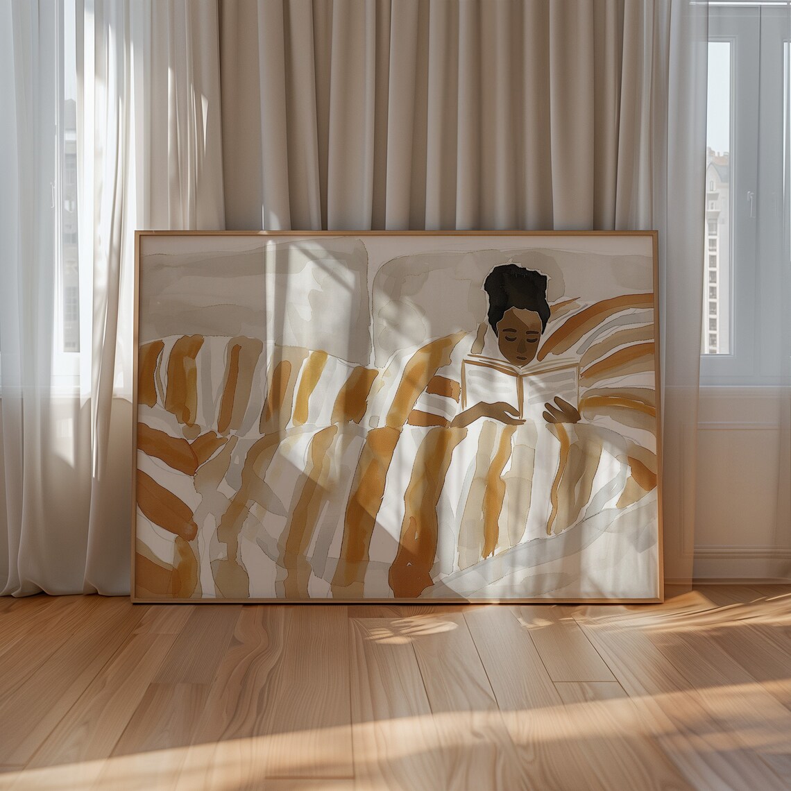 Cozy Woman Reading In Bed Watercolor Brown Striped Blanket Poster - Image 3