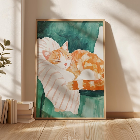 Orange Tabby Curled on Pink Cushion Teal Watercolor Cat Poster