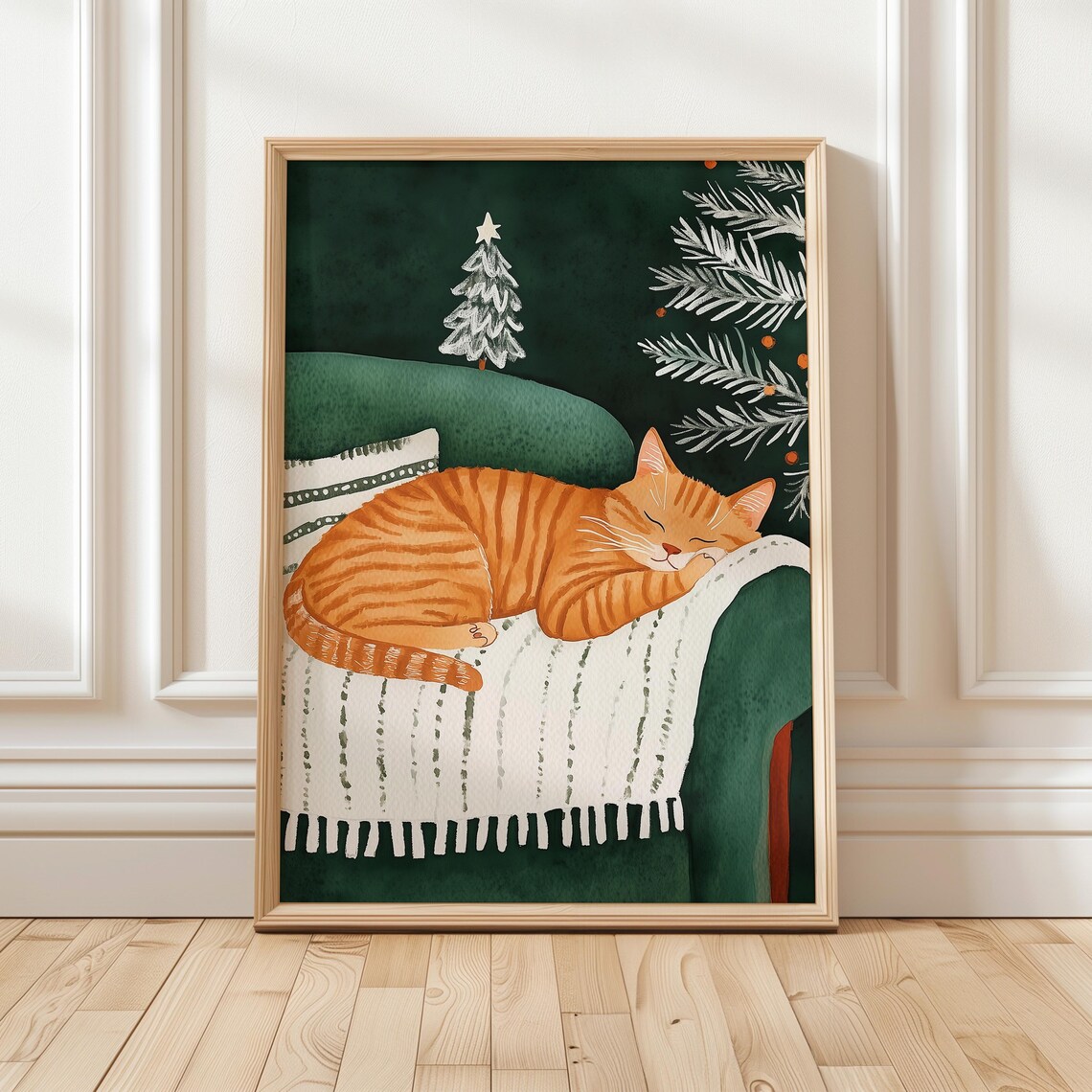 Sleeping Orange Tabby Cat on Green Armchair Christmas Poster