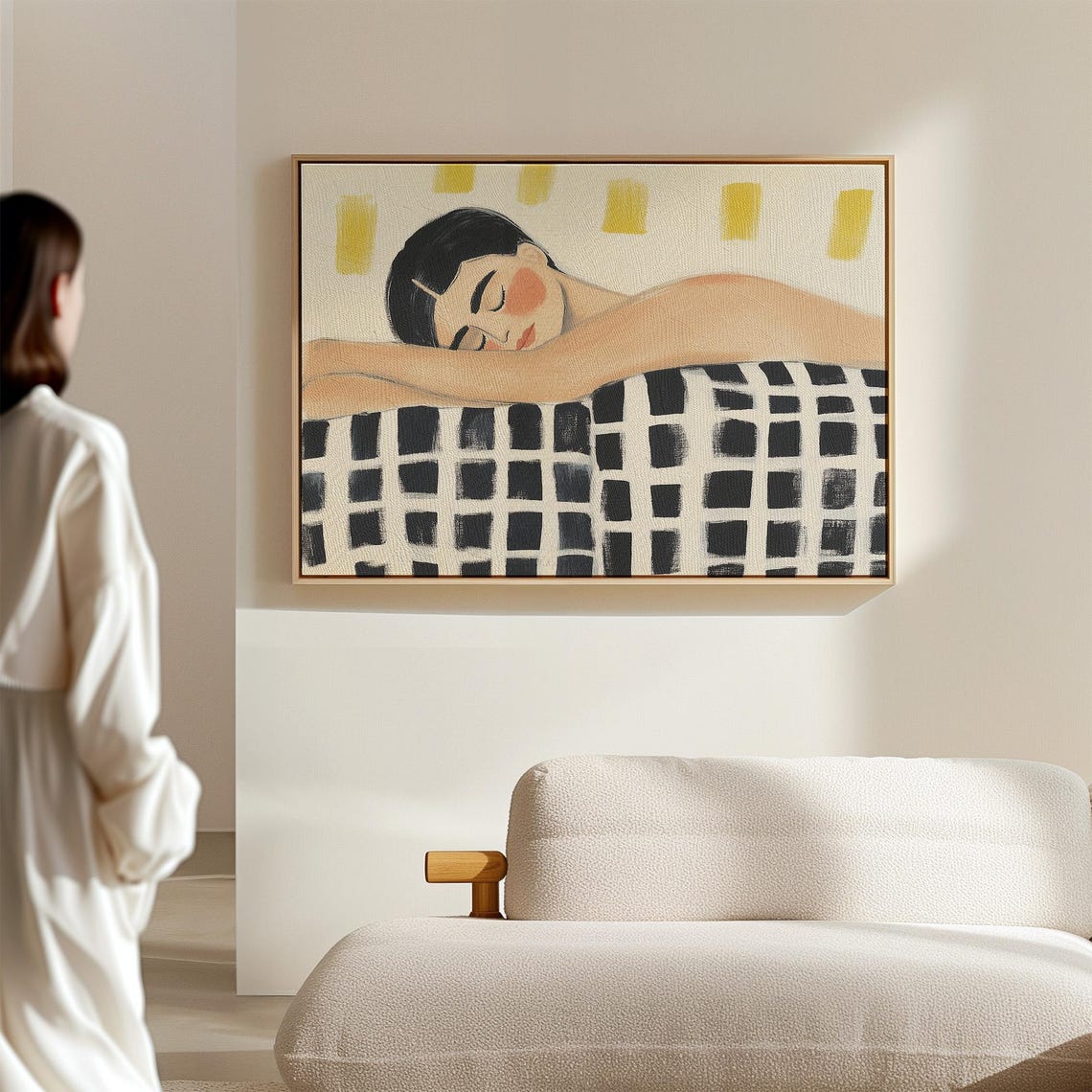 Sleeping Woman Under Black White Checkered Blanket Cozy Poster - Image 4