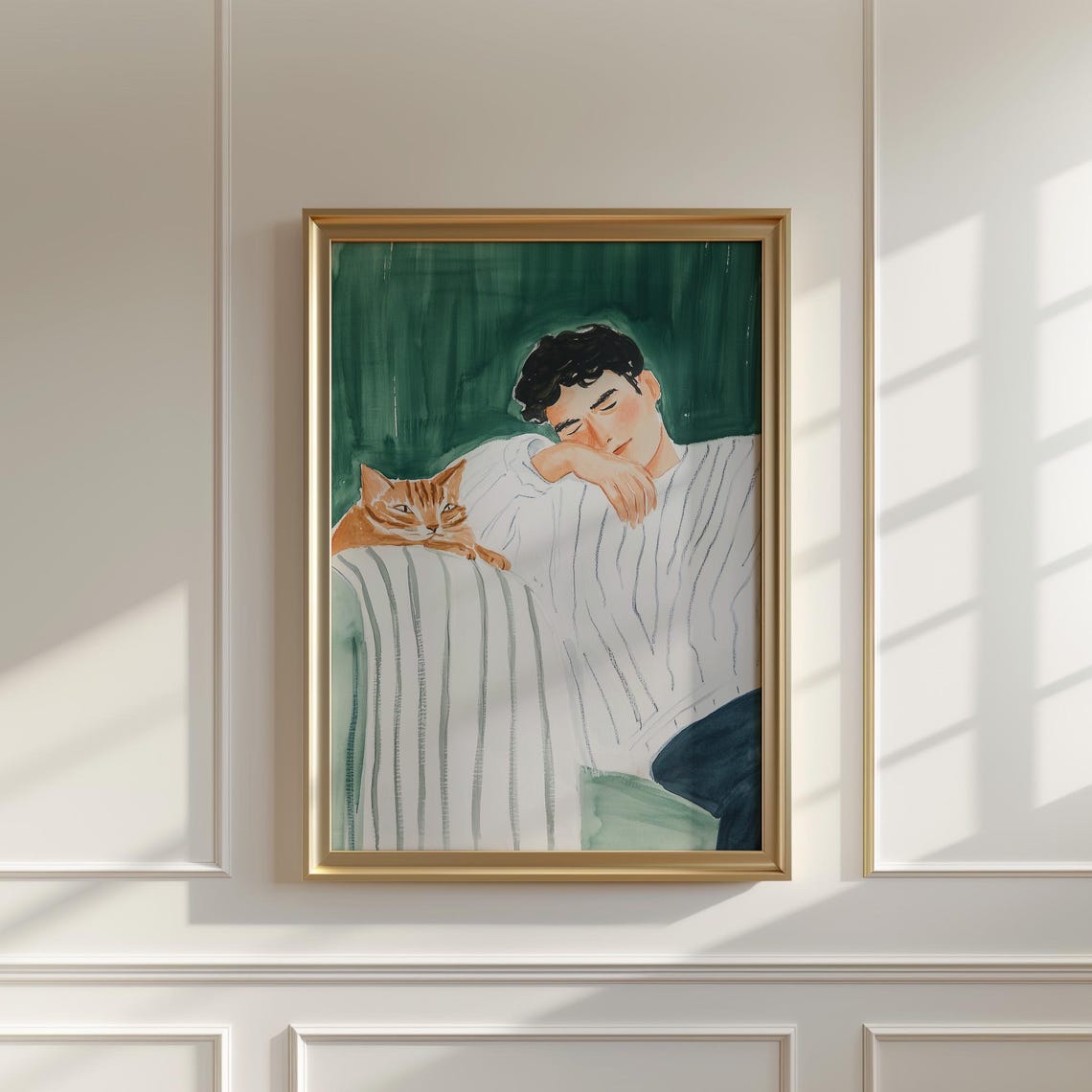 Cozy Man And Orange Cat Watercolor Portrait Emerald Green Pet Poster - Image 2