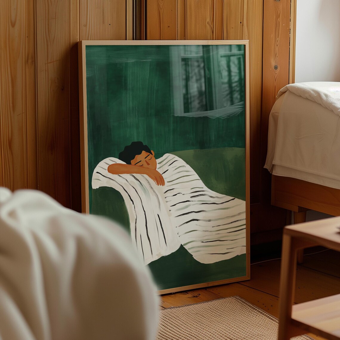Person Sleeping Under Striped Blanket Emerald Green Calm Wall Art - Image 4