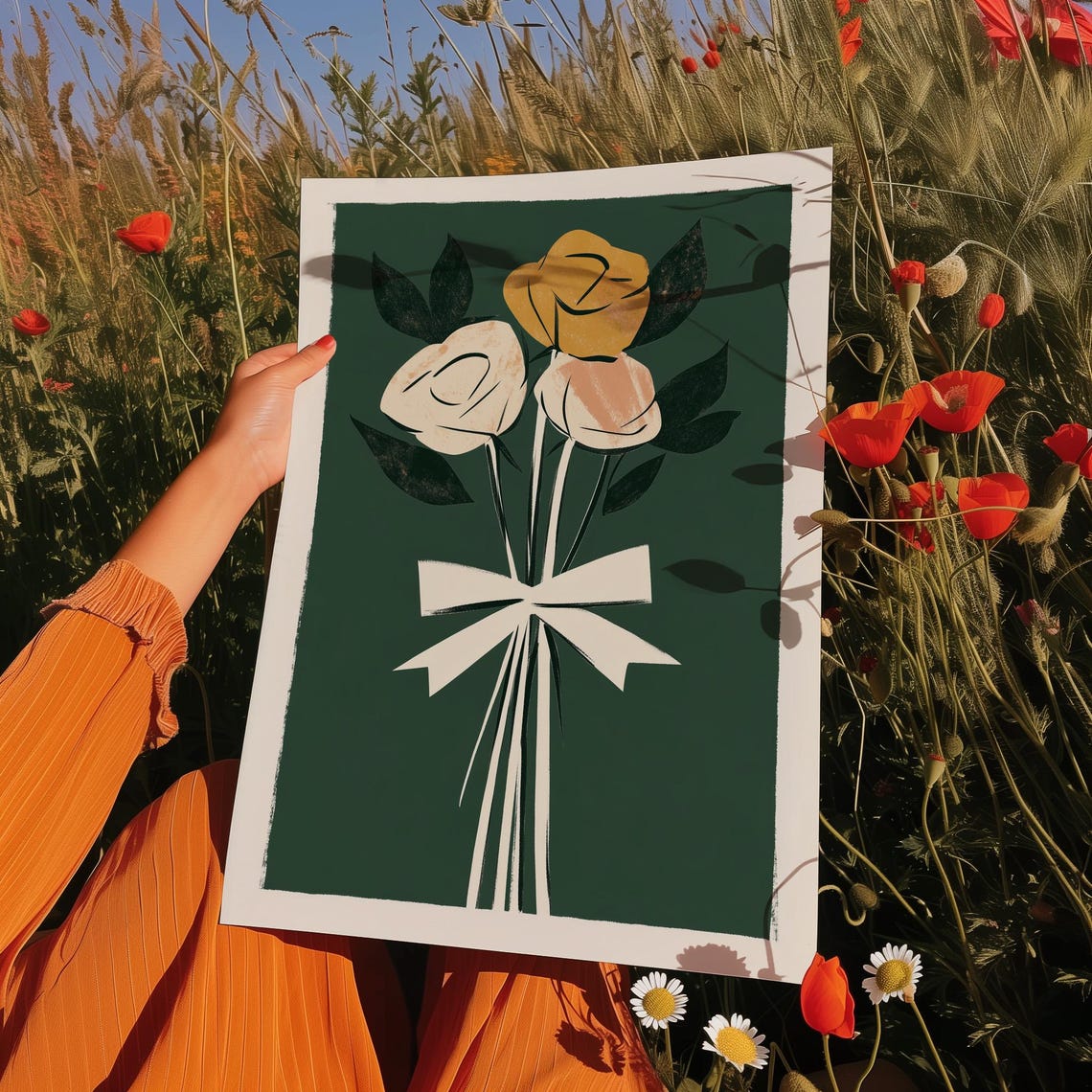 Abstract Rose Bouquet With Cream Bow On Emerald Green Art Poster - Image 4