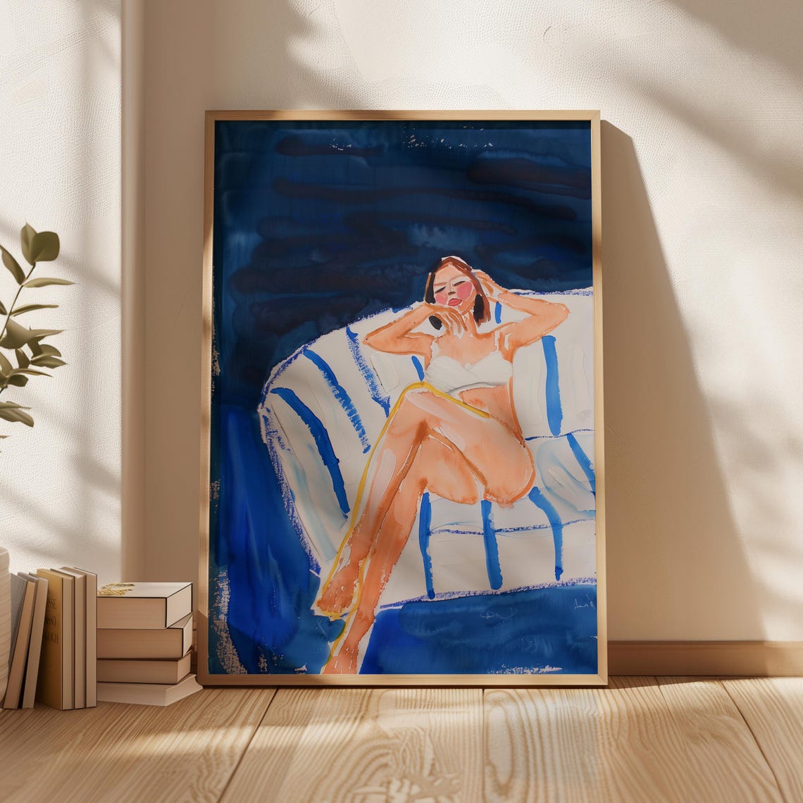 Woman White Bikini Blue Striped Lounger Night Pool Relaxing Art Poster
