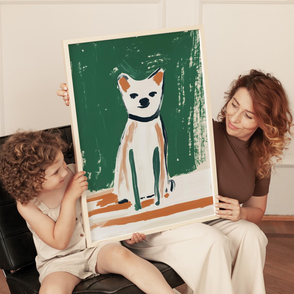 Cute White Dog Orange Ears Emerald Green Naive Pet Portrait Poster - Image 3