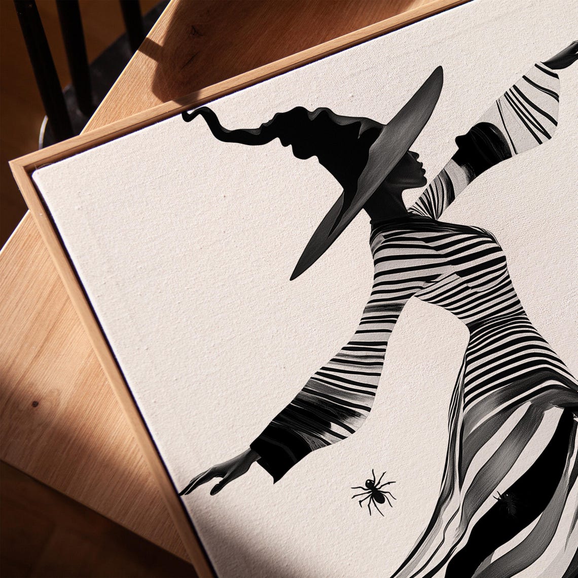 Dancing Witch Silhouette In Striped Dress Halloween Black White Poster - Image 4