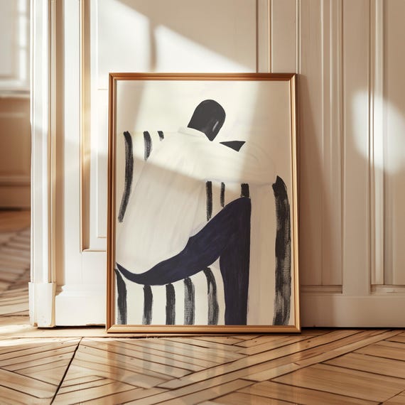 Minimalist Black And White Portrait Art Abstract Seated Figure Illustration Modern Contemplative Wall Decor Neutral Cozy Home Print