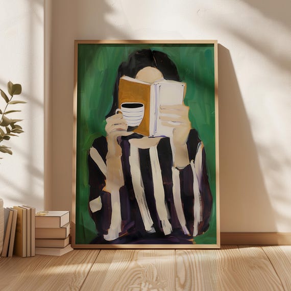 Emerald Green Modern Reading Woman Art Book Coffee Green Illustration Minimalist Striped Design Abstract Woman Portrait Print