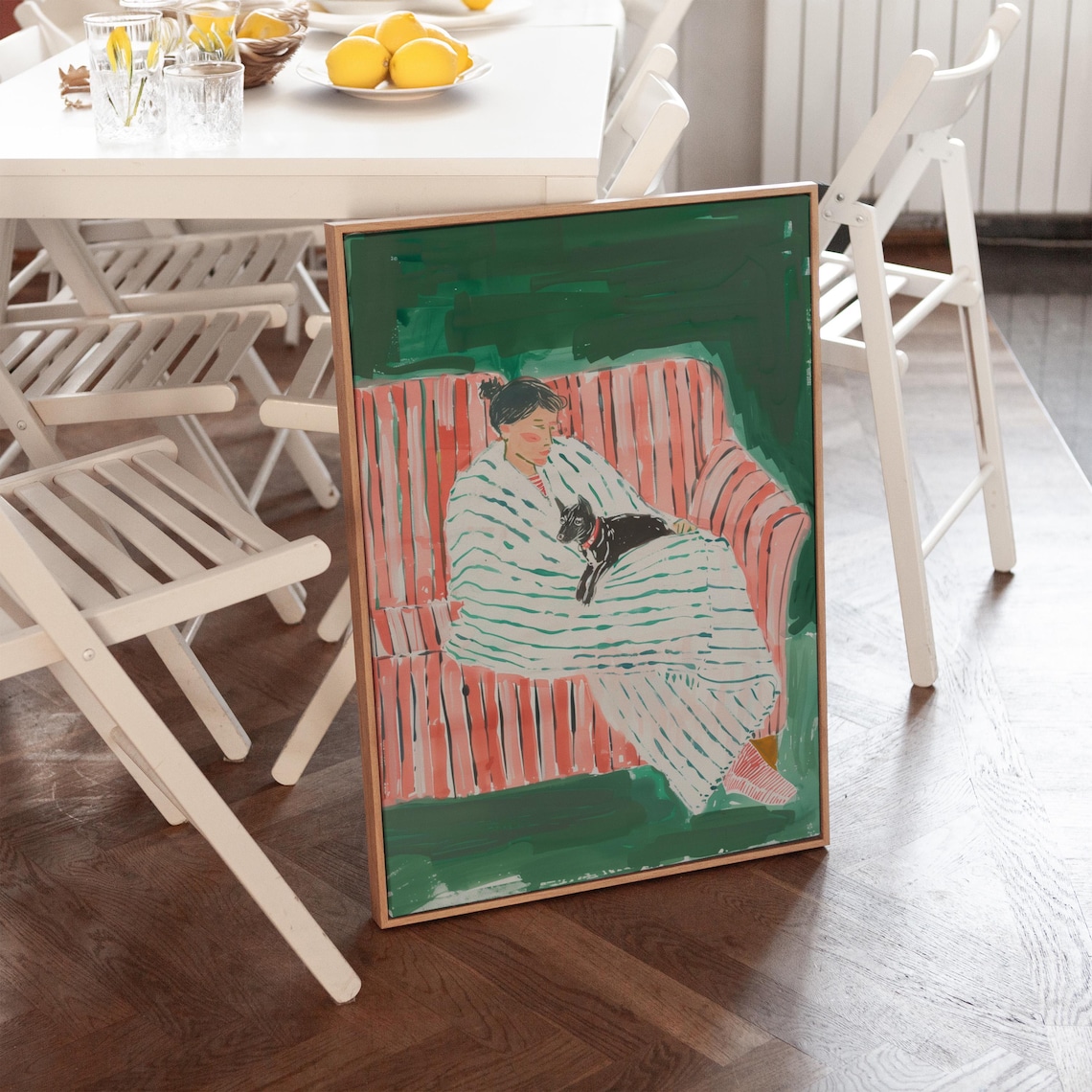 Cozy Woman Cuddling Dog On Striped Couch Green Pet Painting Poster - Image 2
