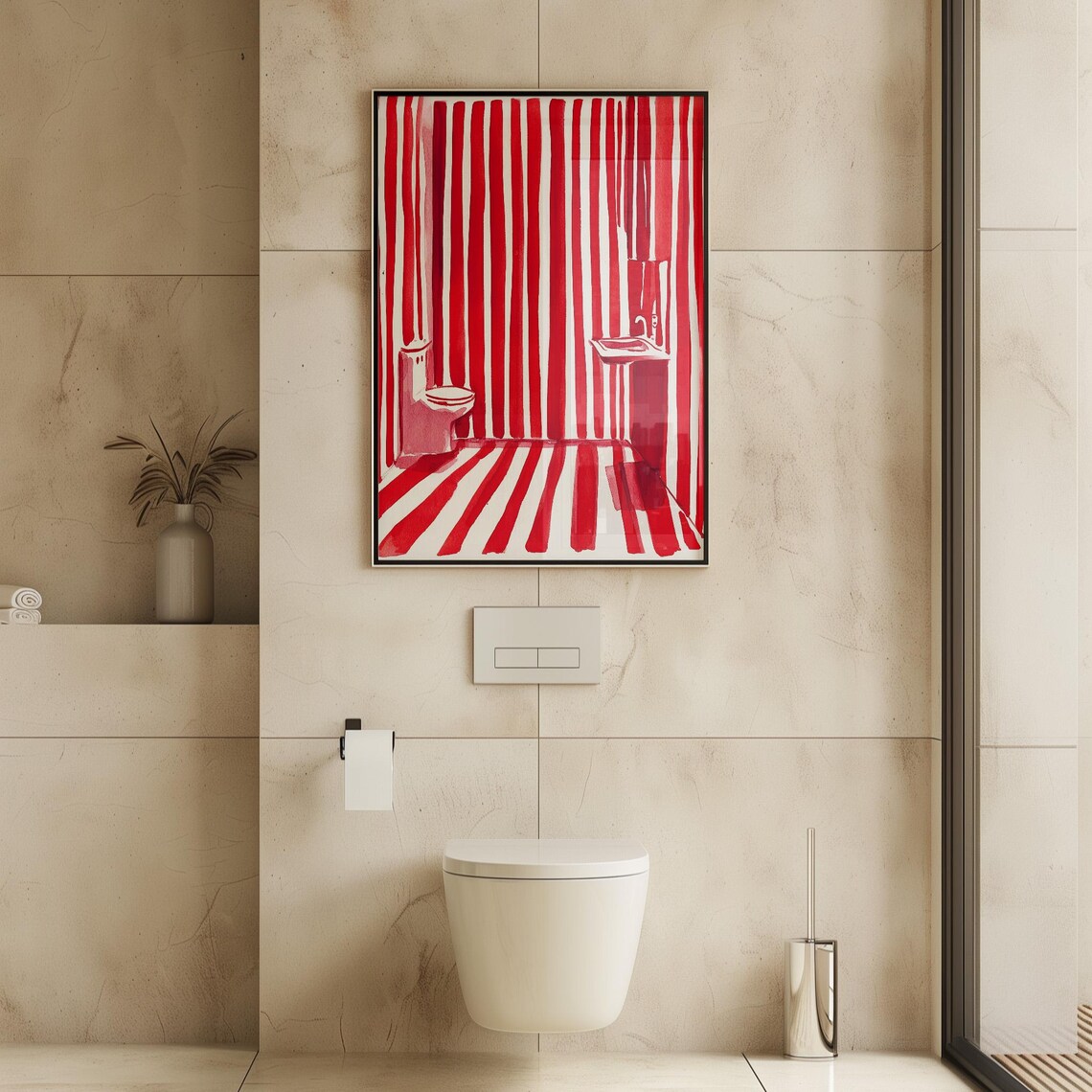Bold Red Striped Bathroom Pop Art Toilet Sink Fun Quirky Decor Poster - Image 3