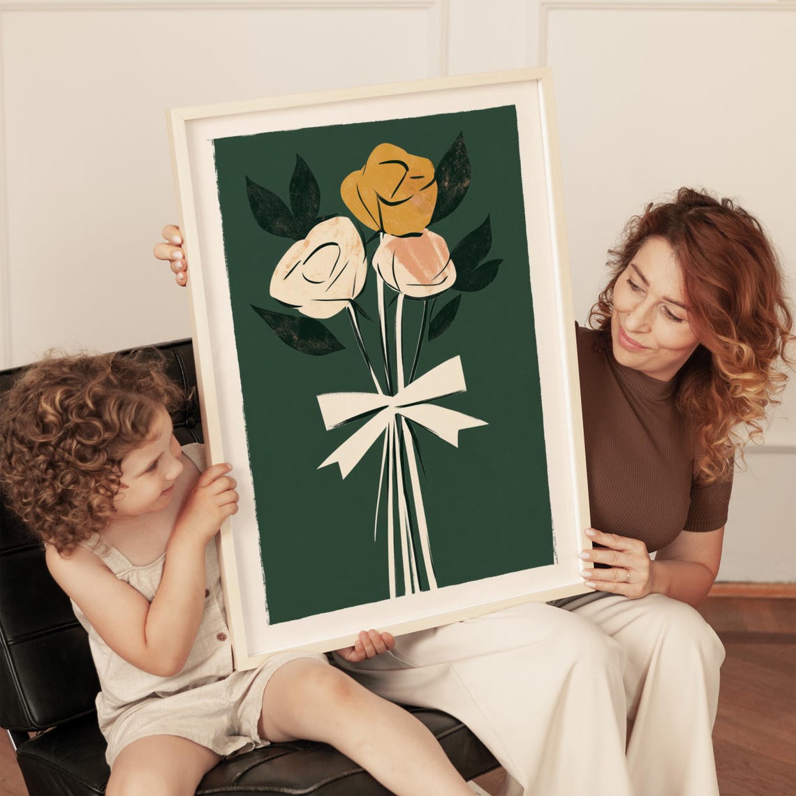 Abstract Rose Bouquet With Cream Bow On Emerald Green Art Poster - Image 2