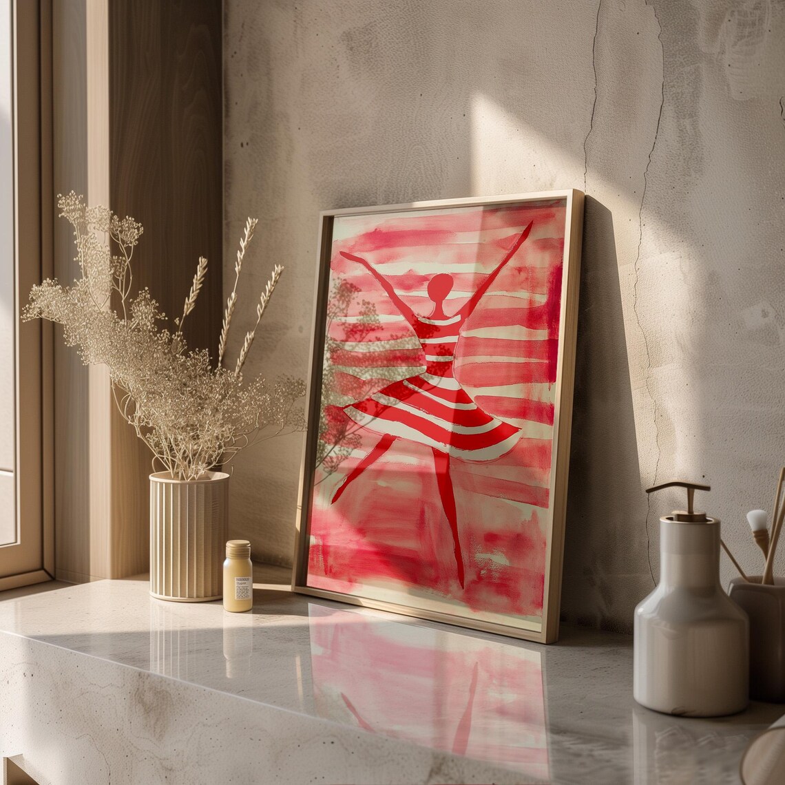 Elegant Red Ballerina Dancer Silhouette Striped Dress Poster - Image 2