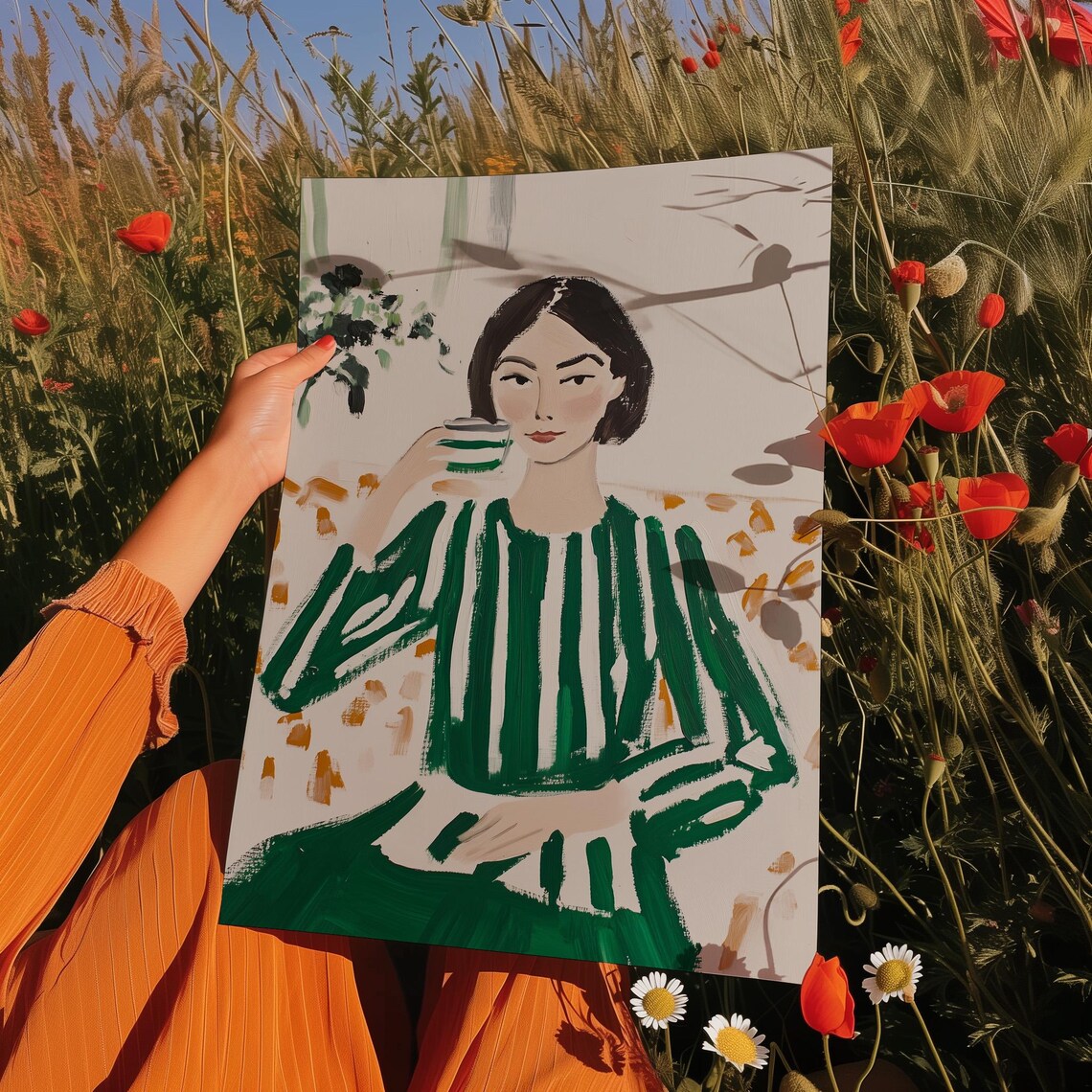 Modern Woman In Striped Green Dress, Minimalist Portrait - Image 6