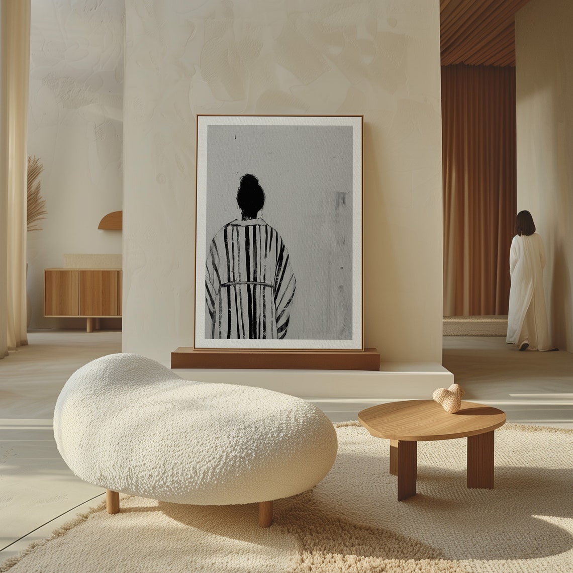 Back View Woman Striped Robe Gray Minimalist Solitude Ink Poster - Image 3