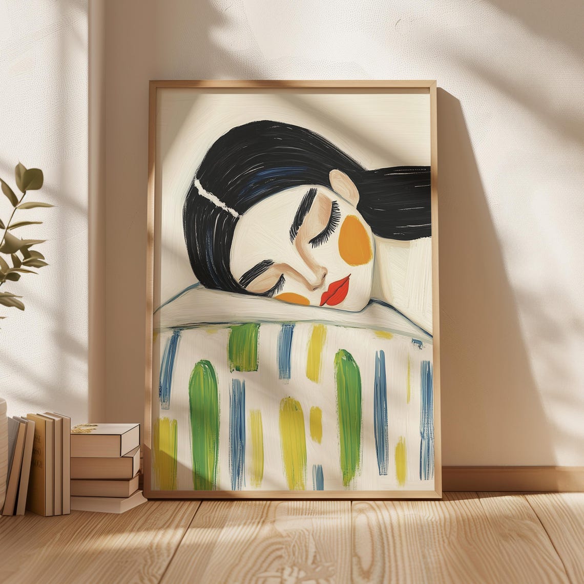 Sleeping Woman Portrait with a Colorful Striped Blanket Poster