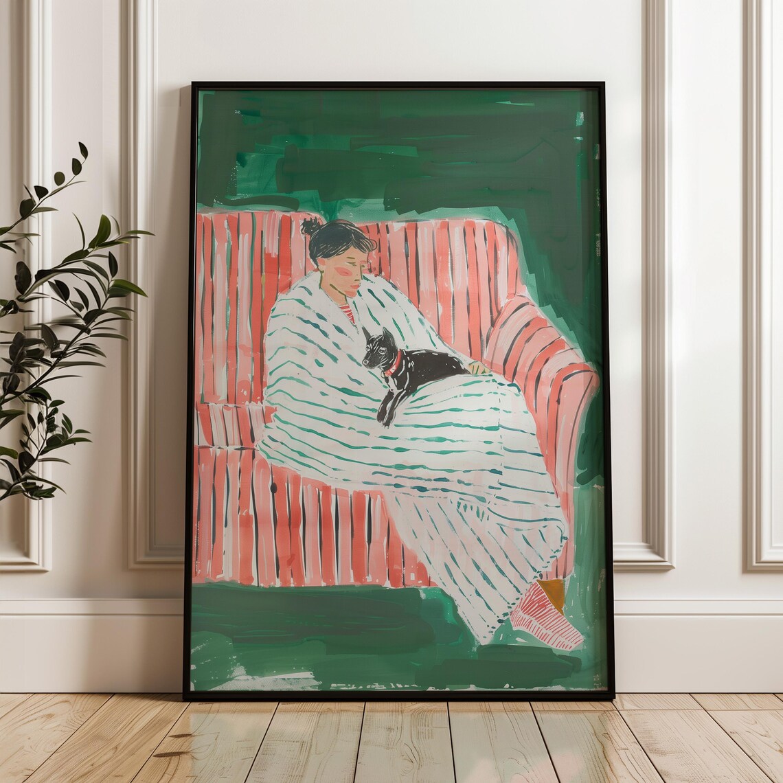 Cozy Woman Cuddling Dog On Striped Couch Green Pet Painting Poster