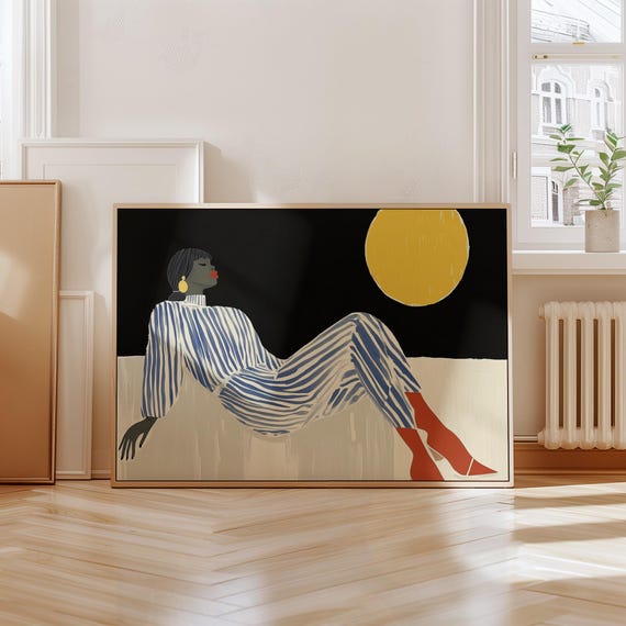Bold Modern Woman Art Print Abstract Blue And White Striped Outfit Minimalist Yellow Moon Contemporary Fashion Inspired Artwork