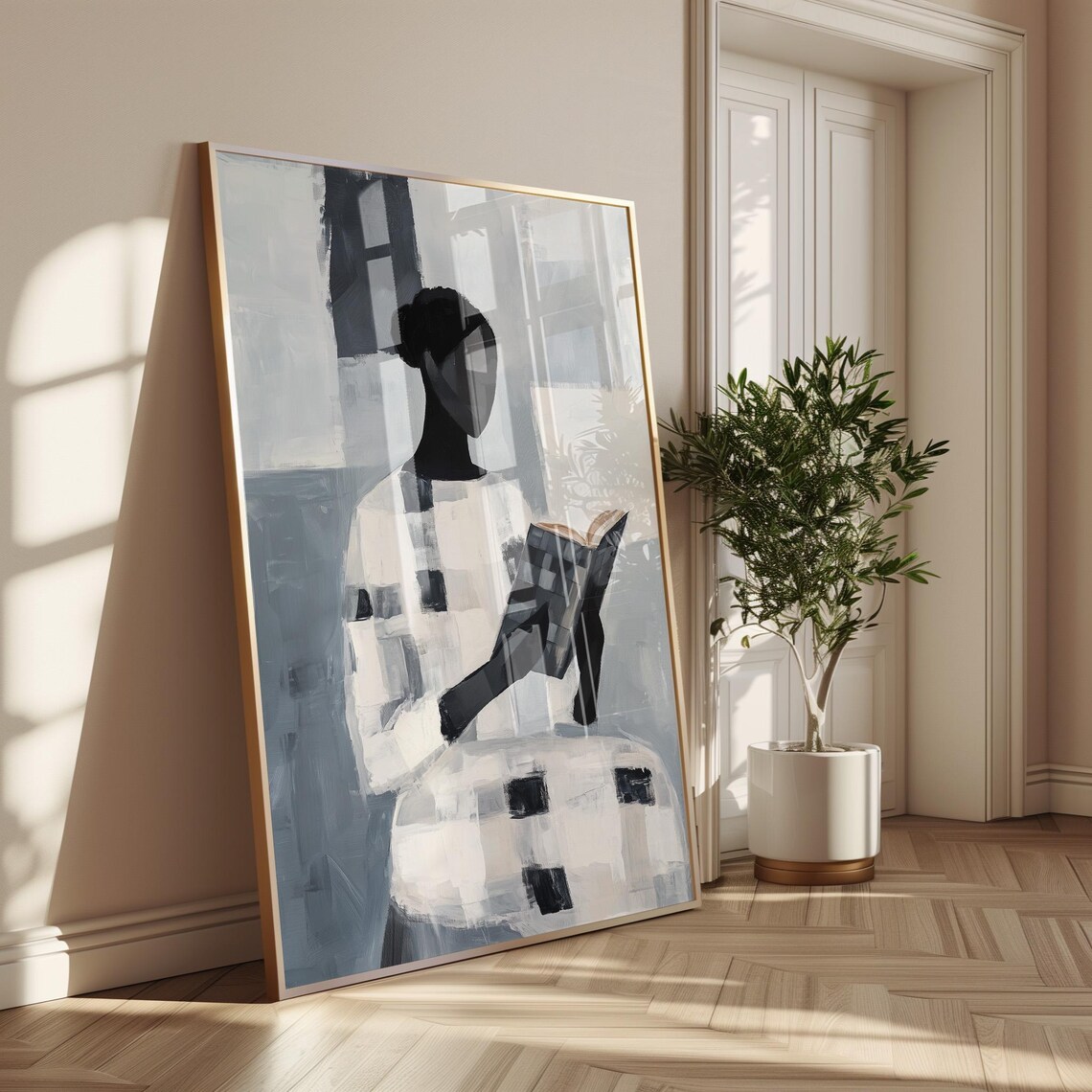 Abstract Woman Reading Book Stylish Modern Cubist Monochrome Art Poster - Image 2