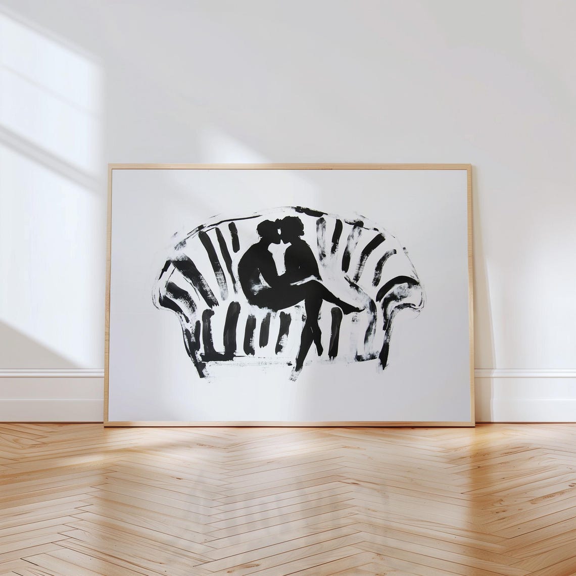 Kissing Couple on Striped Couch Black Ink Minimalist Love Poster - Image 4