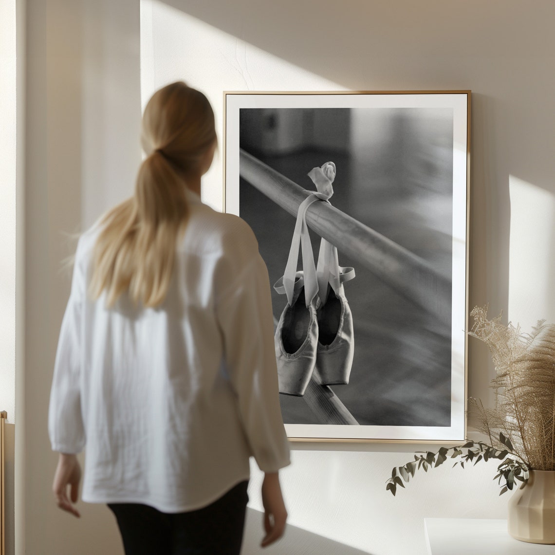 Ballet Pointe Shoes Hanging on the Barre Black and White Poster - Image 2