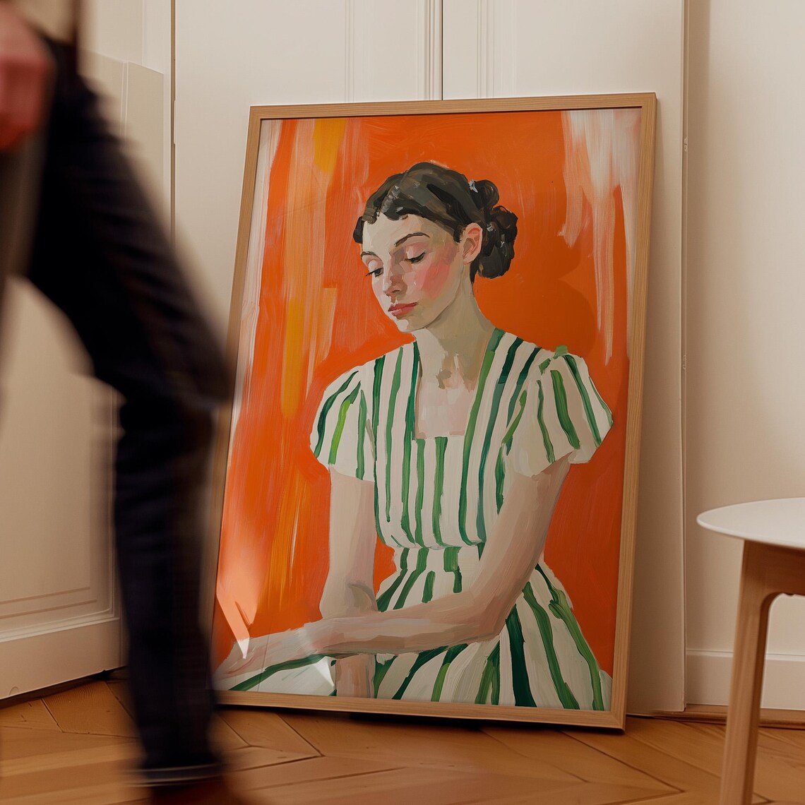 Woman in a Green Striped Dress Against a Bold Orange Ground Poster