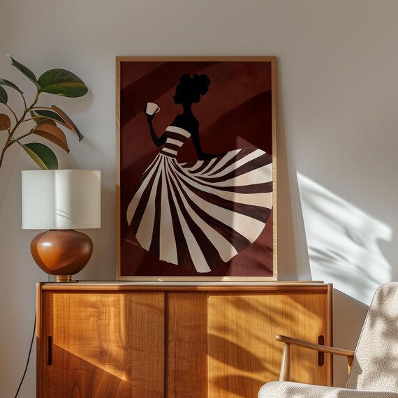Coffee Silhouette, Striped Dress Woman Illustration