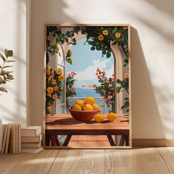 Mediterranean Balcony Lemons Sea View Arched Terrace Summer Poster