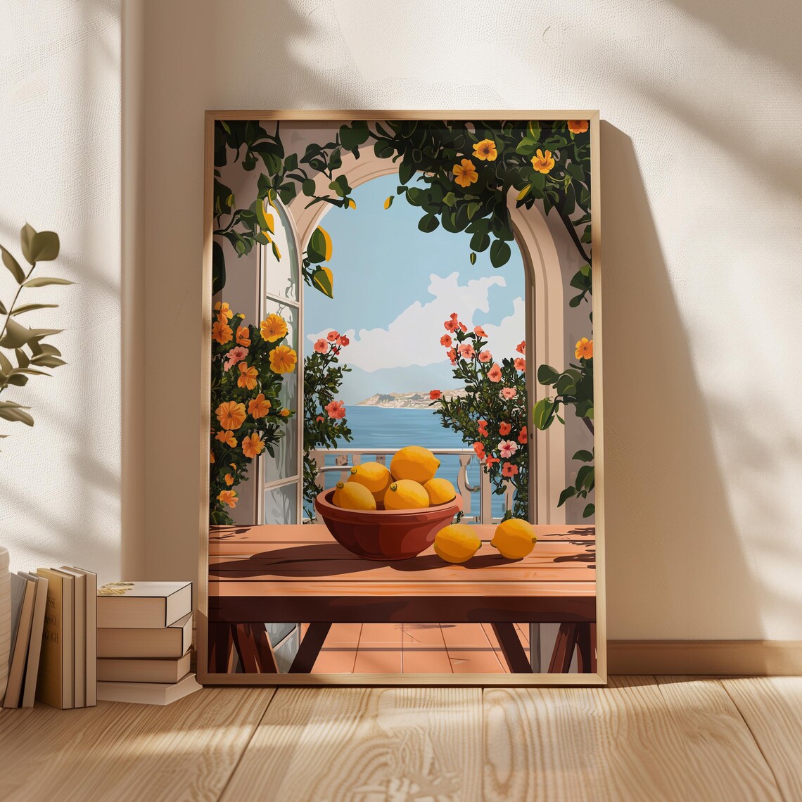 Mediterranean Balcony Lemons Sea View Arched Terrace Summer Poster
