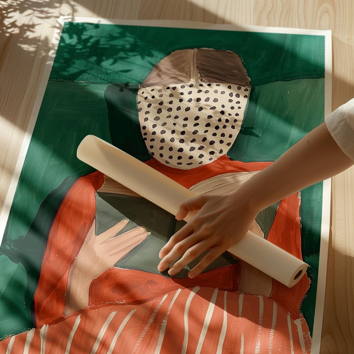 Dotted Face Woman Reading a Book in Red on a Green Ground Poster - Image 3
