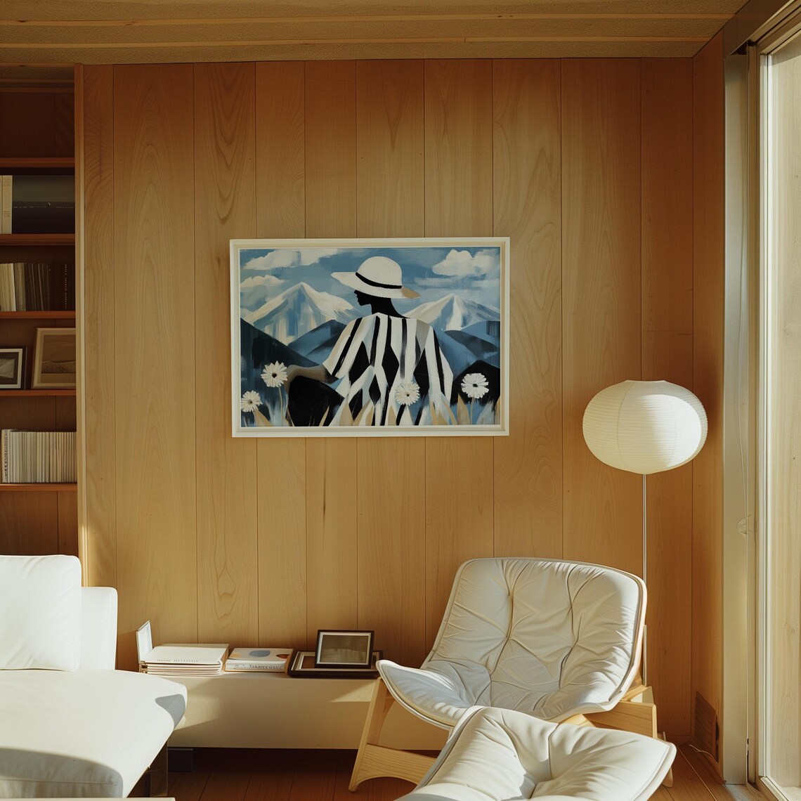 Minimalist Woman Mountain Poster, Floral Hat - Image 3