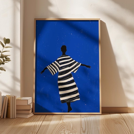 Electric Blue Joyful Figure Striped Robe Dancing Minimalist Poster