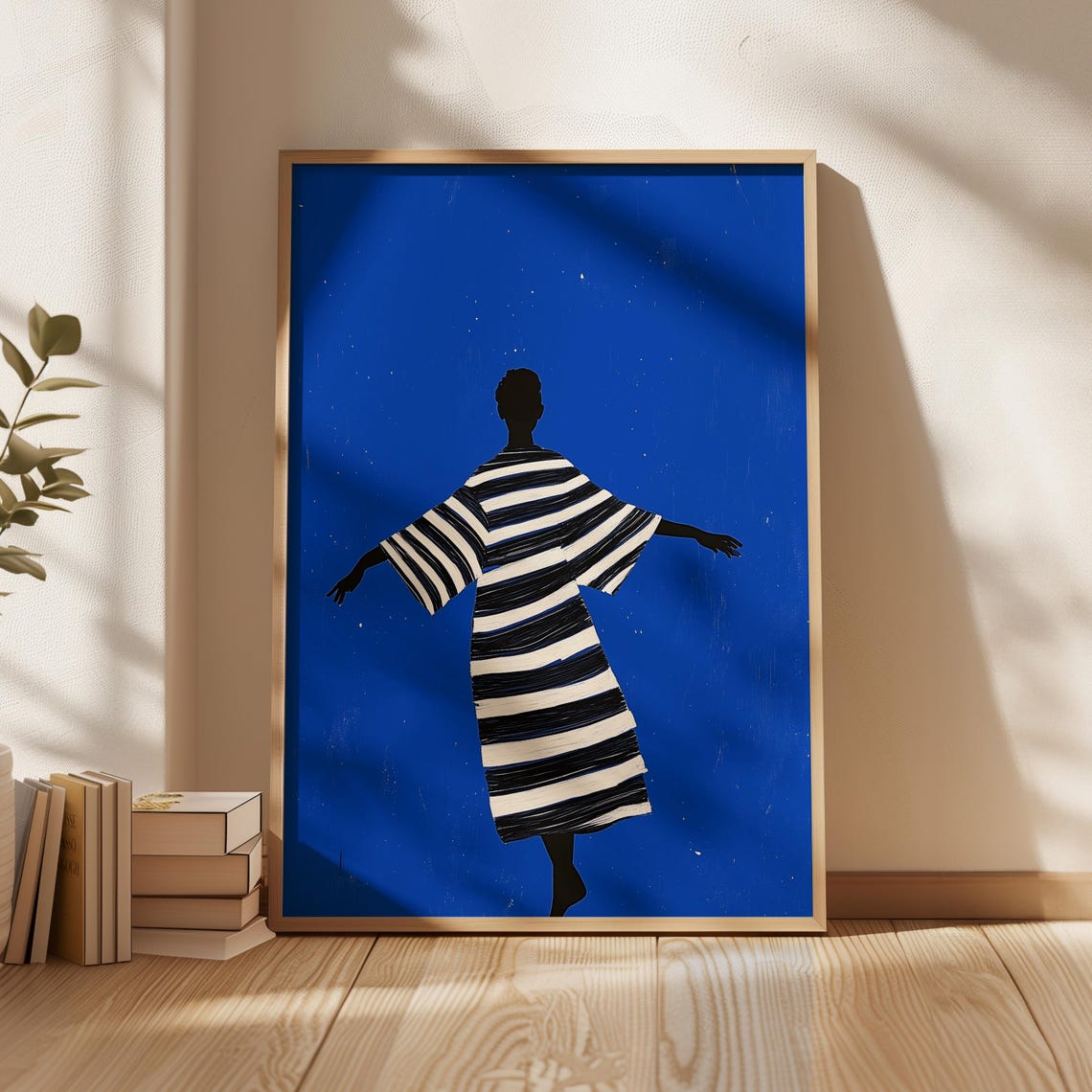 Electric Blue Joyful Figure Striped Robe Dancing Minimalist Poster