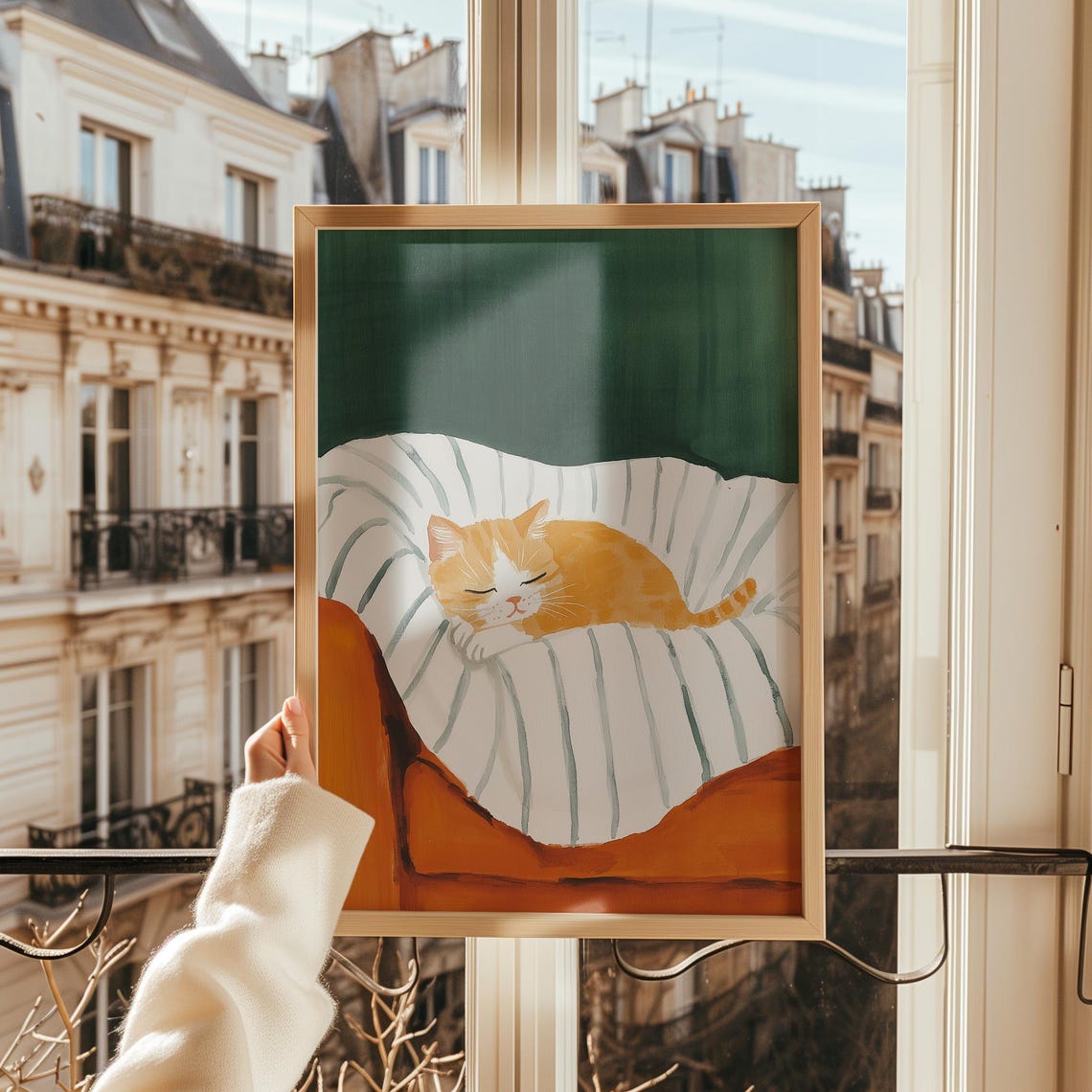 Sleeping Orange Cat on Striped Pillow Rust Bed Cozy Cat Poster - Image 3