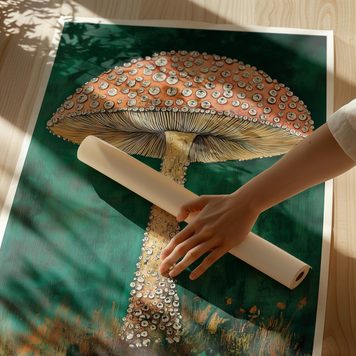 Jeweled Fly Agaric Mushroom Orange Cap Dark Forest Green Poster - Image 2