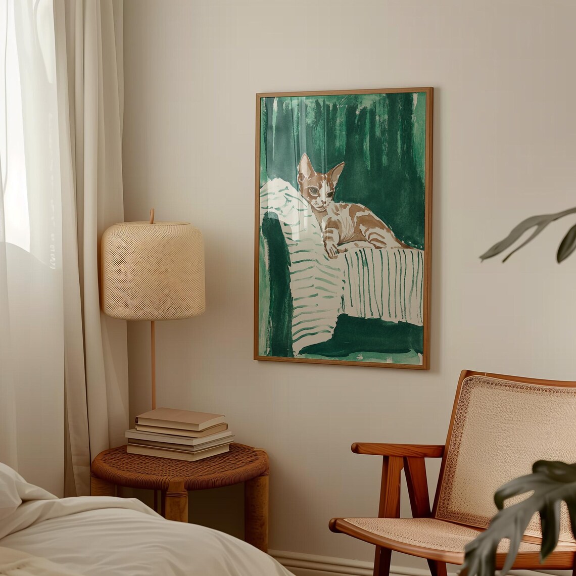 Relaxed Cat Art, Green Living Room Decor - Image 4